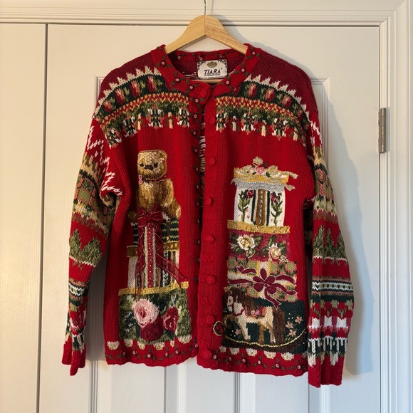 Tiara International Sweaters - Vintage Tiara Hand Knit Heritage Ramie Cotton Hand Knit Christmas Cardigan M Red